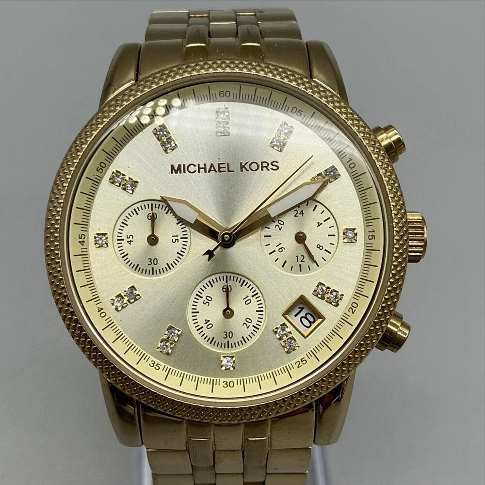 Michael Kors Womens Watch 37mm Gold Tone Chronograph MK5676 New Battery 7
